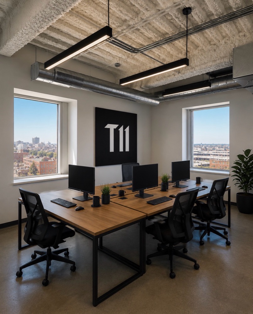 A workroom with shared desks and monitors beneath exposed ductwork, the T11 mark on the wall between two windows.